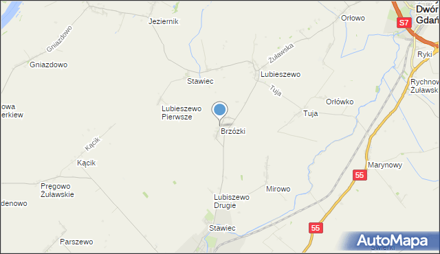 mapa Brzózki, Brzózki gmina Nowy Staw na mapie Targeo